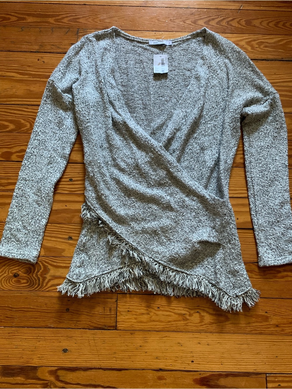 Red Haute Light Heather Gray Fringe Wrap V-Neck Sweater